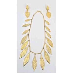Vintage Goldette Necklace Earrings Set Goldtone Dangling Leaf Leaves PB75
